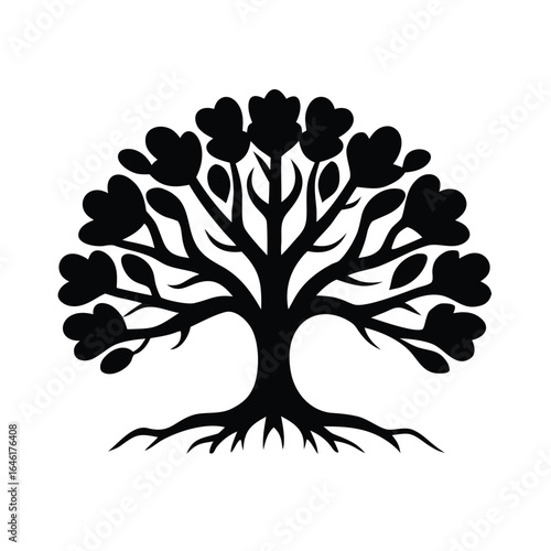 Tree silhouette logo with roots and branches. Black tree vector icon, logo illustration.