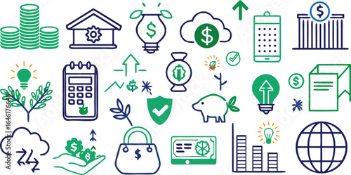 Financial growth and business concepts doodle icons