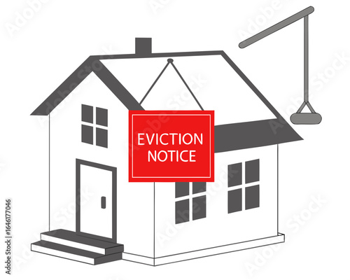 Vector art of eviction notice hanging on house with crane isolated on white background