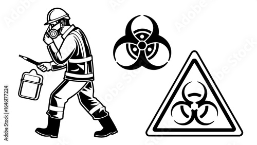 "Monochrome chemical and gas safety icons — scalable vector graphics of hazard warnings, safety gear, and emergency response — bold outlines, no shading."

