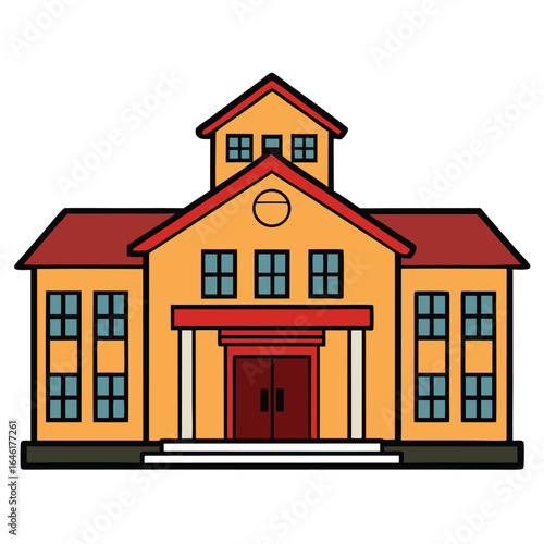 Cartoon school building with orange facade, red roof, and blue windows