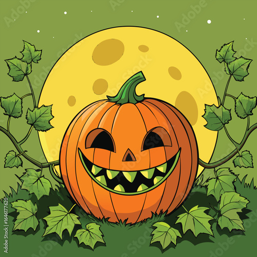 Halloween pumpkin jackolantern with a scary face and full moon