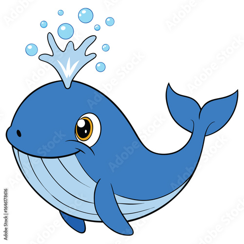 Cute blue whale spouting water isolated on white background