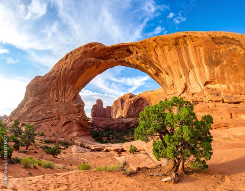 Dramatic archway in desert landscape at sunrise