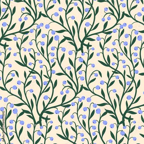 Wallpaper Mural Vector seamless floral pattern with blueberry and leaves. For branding, design, textile, decoration. Torontodigital.ca