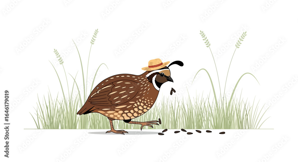 Fototapeta premium Stylish Quail Strutting Elegantly with its Little Hat on a White Background