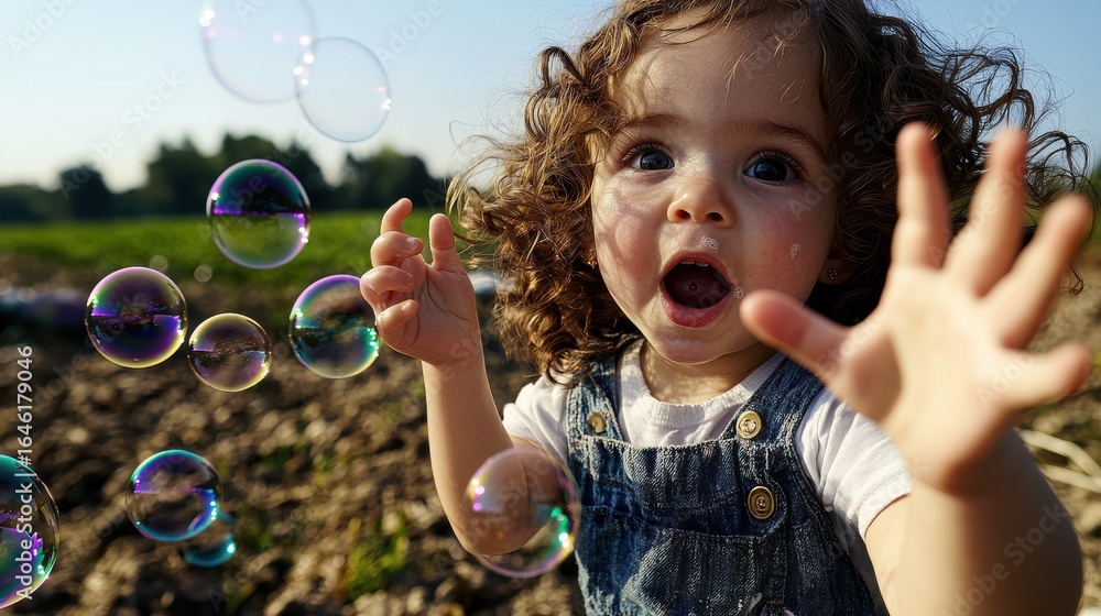 Toddler amazement evident in open-mouthed delight as small child stretches hands toward floating bubbles Toddler amazement evident in open-mouthed delight as small child stretches hands toward floating bubbles