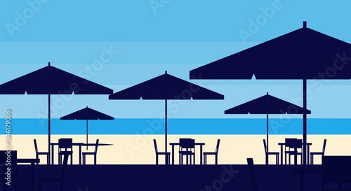 Stylish Beachfront Bistro With Umbrellas And Tables Vector Illustration
