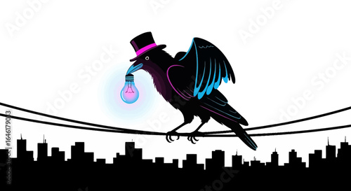 Stylish Raven with a Bright Idea: A Whimsical Illustration of Creativity and City Life