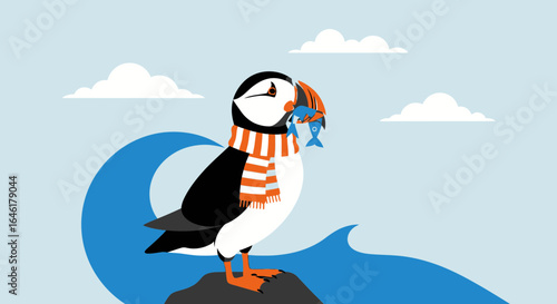 Stylish Puffin In Scarf With Fish Standing Near Ocean Waves In A Minimalist Style