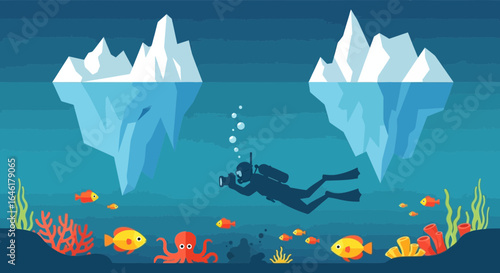 Underwater Adventure With Diver Observing Coral Reefs and Icebergs Illustration