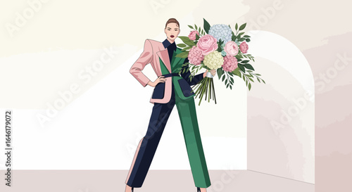 Stylish woman in a split-color suit holding a bouquet of flowers illustration