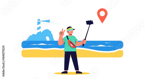 Vacation selfie concept with tourist at beach lighthouse taking picture using selfie stick