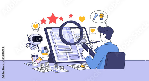 User interface design creation with ai assistant and a designer working on layout refinement