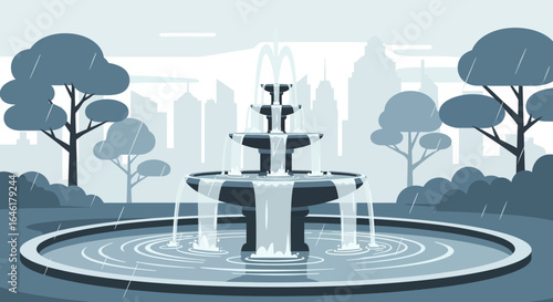 Urban Park Tranquility Showcasing Serene Fountain On A Rainy Day In the City