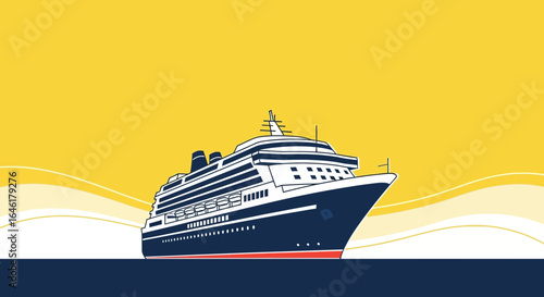 Stylized cruise ship illustration against a vibrant yellow sky background
