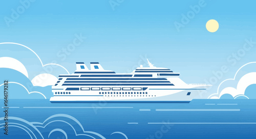 Stylized cruise ship illustration against a bright blue sky and sunny day, creating a travel mood for vacationers
