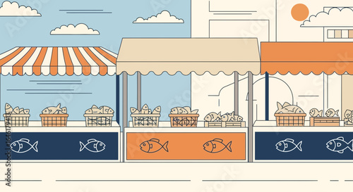 Vector illustration of a fish market on a sunny day showcases fresh catches in baskets