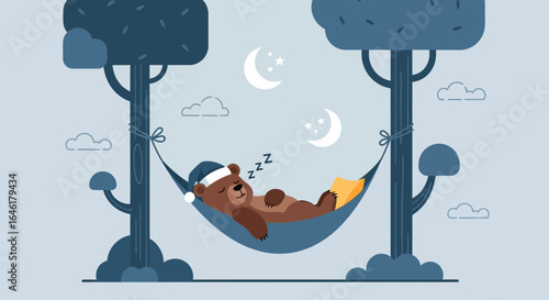 Stylized illustration of a bear sleeping soundly in a hammock strung between trees