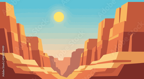 Vector illustration of a grand canyon landscape with sun and mountains under a clear blue sky for travel and nature themed designs