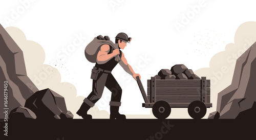 Stylized illustration of a coal miner pushing a cart full of rocks in a mine