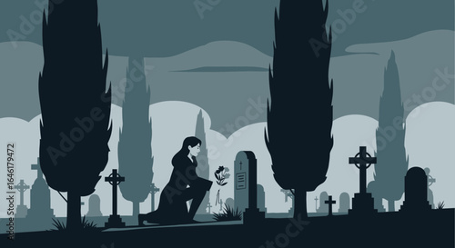 Vector illustration of a grieving woman at a cemetery, paying respect to loved ones rest