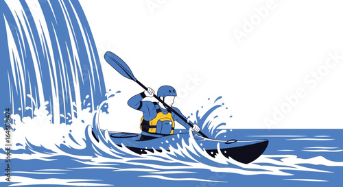 Stylized illustration of a kayaker paddling through rapids with waterfall backdrop showcasing outdoor adventure and recreation