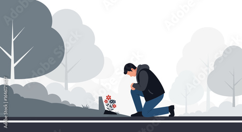 Vector illustration of a grieving man kneeling at a gravestone in a cemetery, symbolizing loss and remembrance