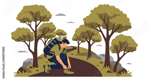 Vector illustration of a hiker tying his shoelaces on a forest path in nature