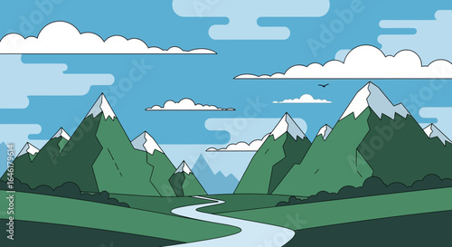 Vector illustration of a mountain landscape with river and cloudy sky simple art  minimal background with a clear design, nature inspiration
