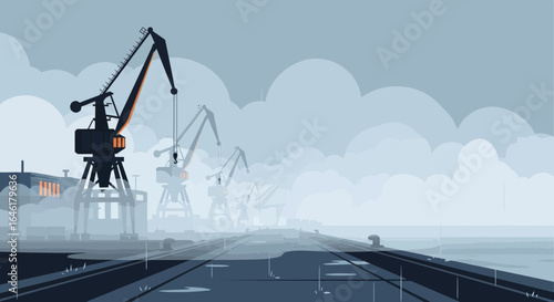 Vector Illustration of a Port with Cranes Under a Cloudy Sky on a Rainy Day