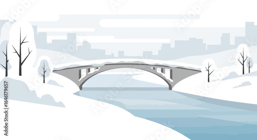 Vector Illustration of a serene winter landscape with snow-covered bridge