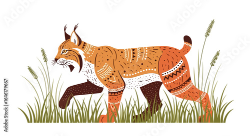 Stylized Lynx Walking Through Tall Grass With Tribal Pattern Illustrations