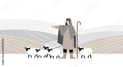 Vector illustration of a shepherd guiding his sheep in a hilly landscape and directing them