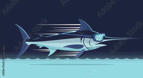 Stylized marlin wearing goggles speeds through the water with dynamic motion lines