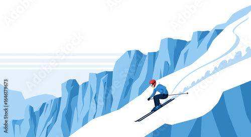 Vector illustration of a skier descending a snow-covered mountain slope on a sunny day skiing adventure in winter season