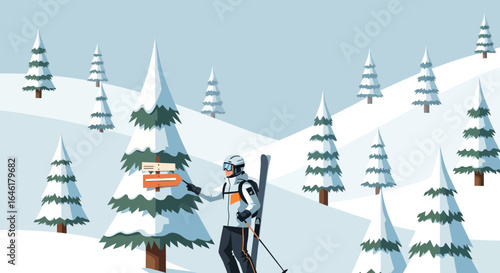 Vector illustration of a skier in winter landscape looking at trail sign for directions
