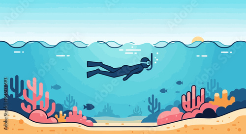 Vector illustration of a snorkeler exploring a vibrant coral reef ecosystem underwater scene with sun light