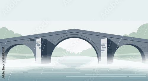Stylized rainy landscape featuring a stone bridge over a river with distant buildings
