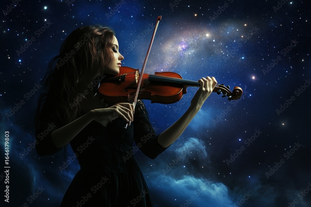 Fototapeta premium Woman playing violin against a starry night sky with cosmic elements in the background