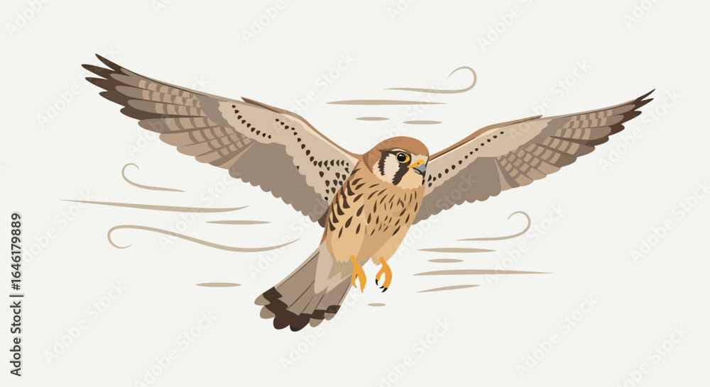 Fototapeta premium Vector illustration of an american kestrel bird flying with spread wings in the sky wildlife concept graphic design flying against the wind