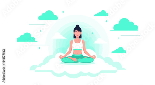 Vector illustration of a woman meditating in lotus position among clouds for relaxation and mindfulness practice promoting inner peace