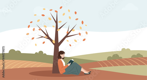 Vector illustration of a woman reading a book under a tree in autumn calm and peaceful scene of reading outdoors in the park