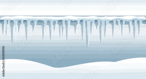 Vector Illustration of Winter Scene with Snowdrifts and Hanging Icicles Depicting Cold Weather