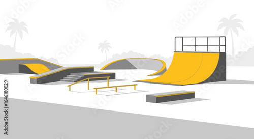 Vector illustration showcasing a modern skate park design with ramps and rails  ideal for skateboarding and extreme sports enthusiasts