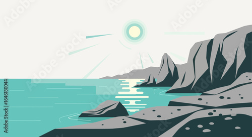 Vector illustration showcasing a sunny day on a rocky coastline with turquoise water