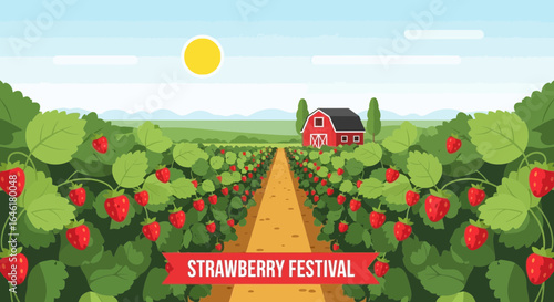Vector illustration showcasing a scenic strawberry field festival with rural charm