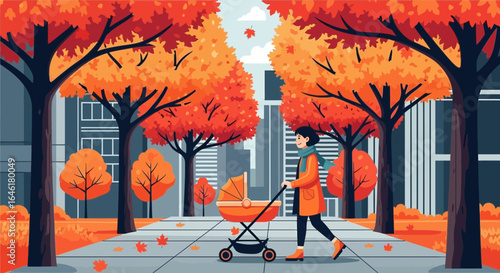 Vector illustration of woman with baby stroller walking in a city park during autumn season with colorful trees and falling leaves