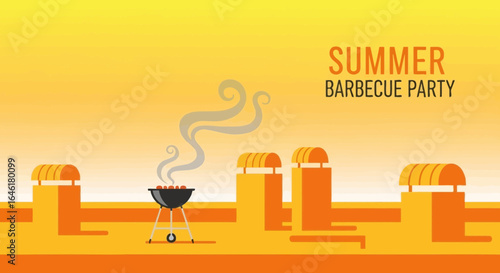 Summer barbecue party scene with grill smoke and minimalist rooftop views illustration