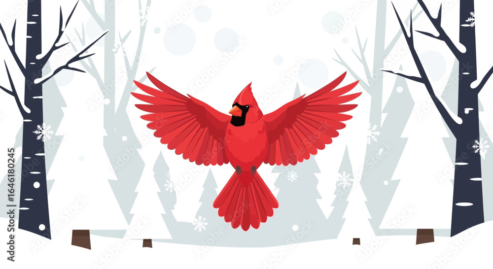 Fototapeta premium Vibrant Cardinal in a Winter Wonderland: A Colorful Forest Illustration